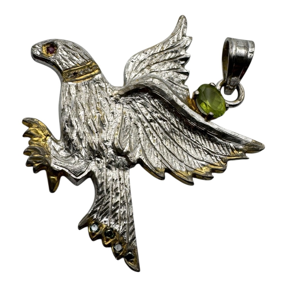 Silver‎ & Gold Tone Eagle Pendant – Green & Red Stones – 2”